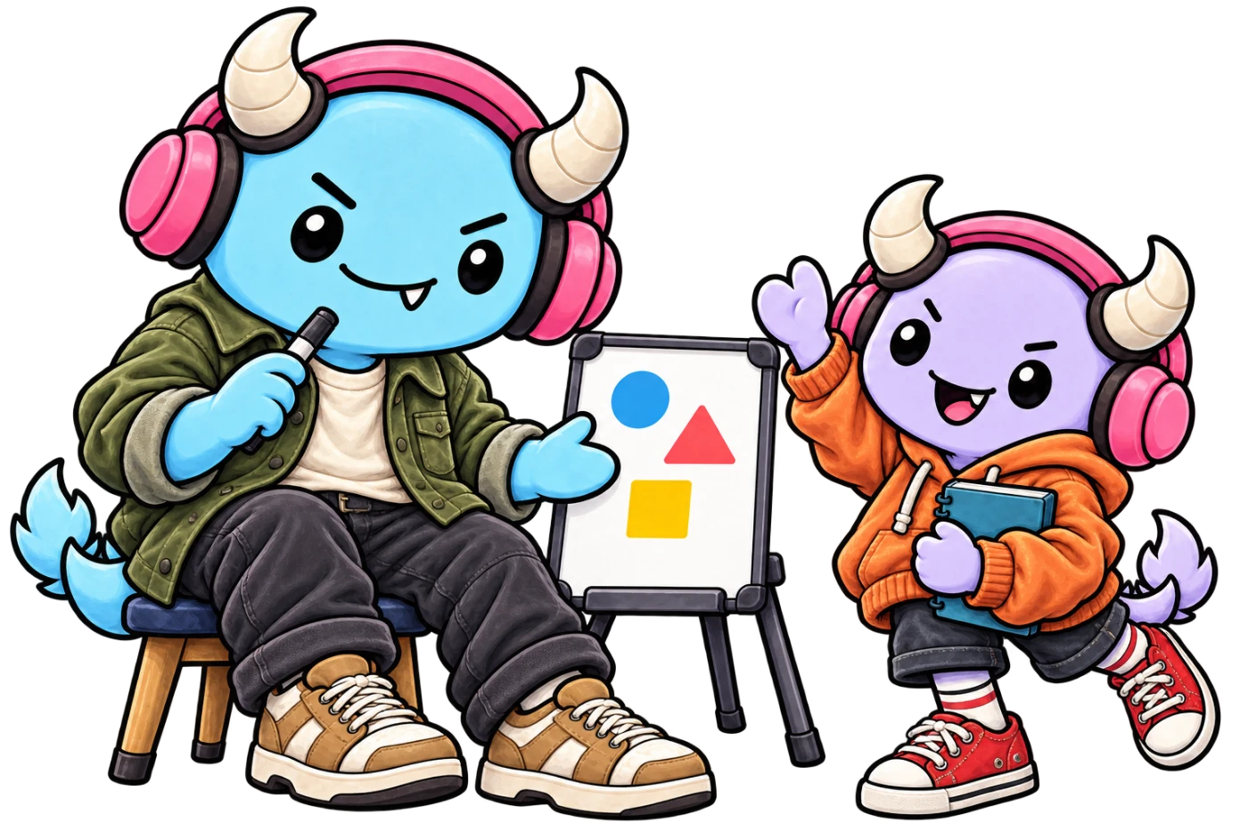 Moti-преподаватель у доски и Moti-ученик с тетрадью
